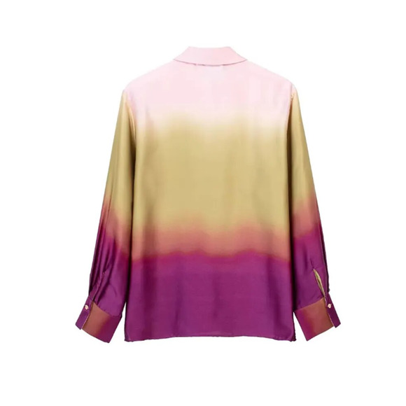 🔥HP🔥 Tie Dye Shirt Women Casual Button Lapel Print Satin Long Sleeve Shirt - Picture 3 of 7